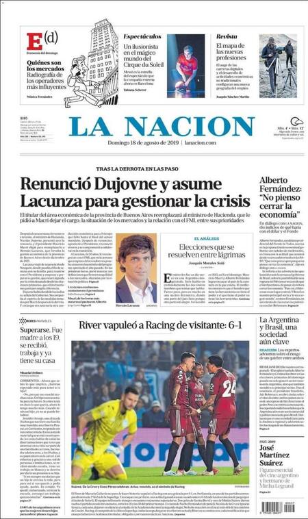 Tapas de diarios, La Nación, domingo 18-08-19