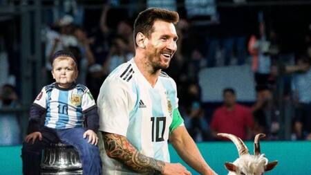 Hasbulla compartió una imagen junto a Messi y una cabra. Foto: NA.