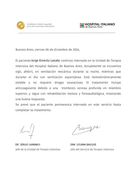 Parte médico de Jorge Lanata - 06-12-2024.