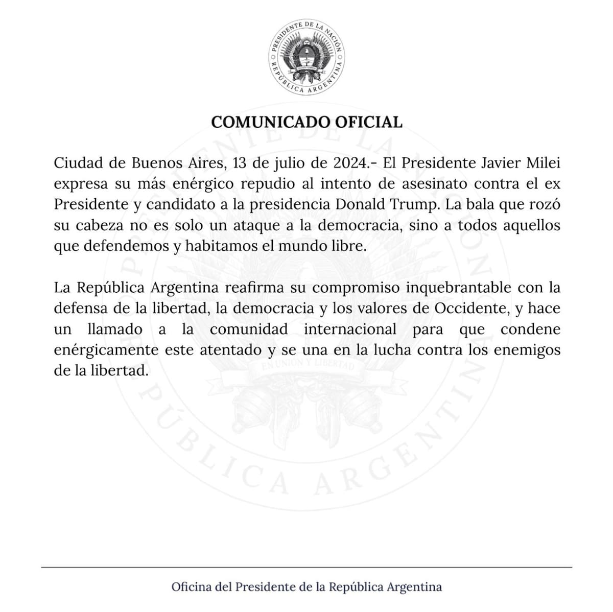El mensaje de Milei tras el atentado contra Trump. Foto: X @OPRArgentina