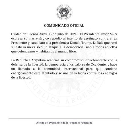 El mensaje de Milei tras el atentado contra Trump. Foto: X @OPRArgentina