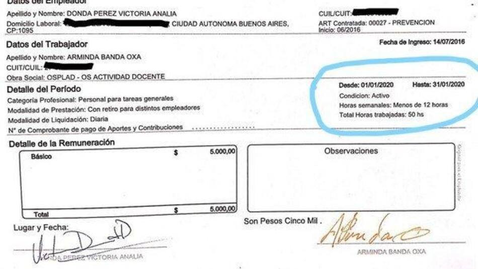 Victoria Donda, INADI, Gobierno, recibo de sueldo de exempleada, NA