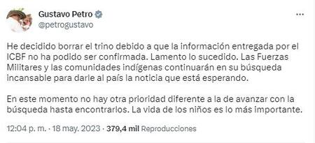 Gustavo Petro admitió que todavía no encontraron con vida a los cuatro niños. Foto: Twitter.