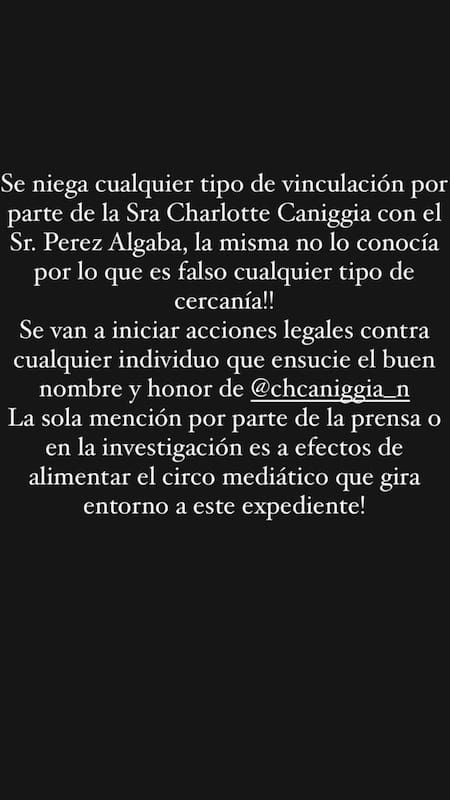 El comunicado de Charlotte Caniggia por medio de Alejandro Cipolla. Foto: captura de pantalla.