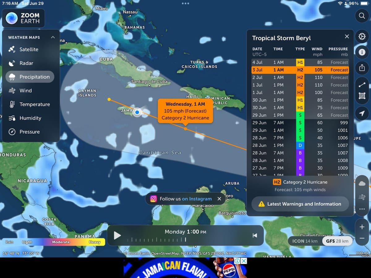 Radar de la situación de la tormenta tropical Beryl. Foto: Twitter.