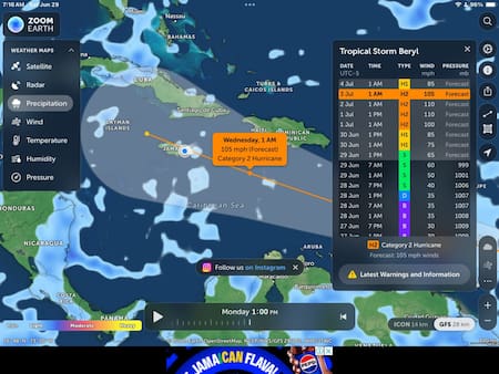 Radar de la situación de la tormenta tropical Beryl. Foto: Twitter.