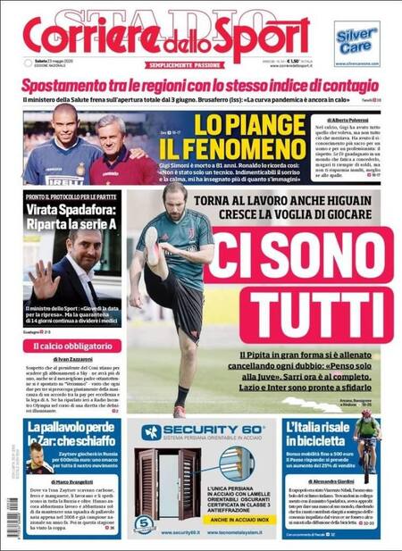 Tapas de diarios, Corriere dello sport, sábado 23 de mayo de 2020
