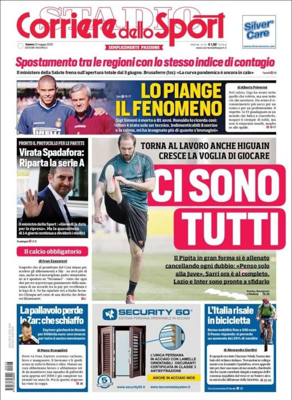 Tapas de diarios, Corriere dello sport, sábado 23 de mayo de 2020