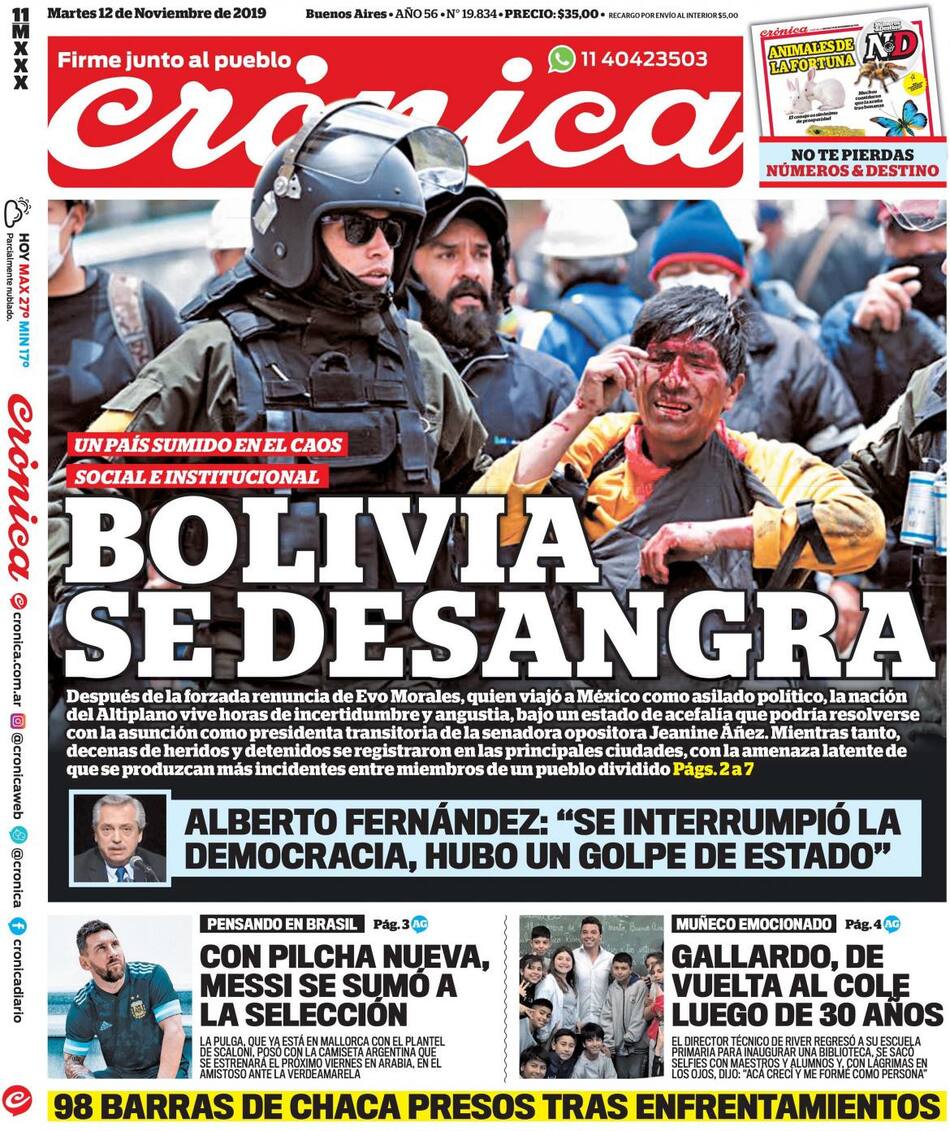 Tapas de diarios, Crónica, martes 12-11-19