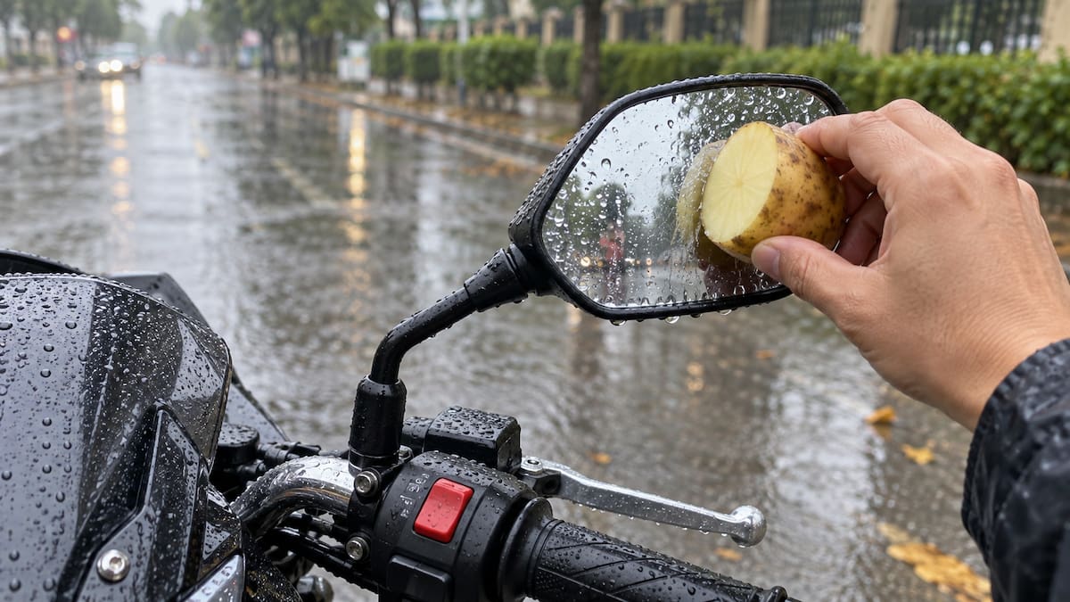 Mano aplica una papa cruda sobre los espejos de su vehículo.