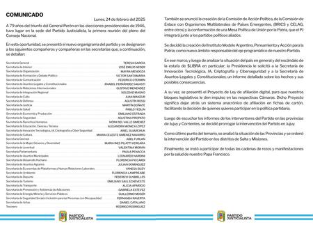 El comunicado del PJ en su primera reunión del nuevo Consejo Nacional