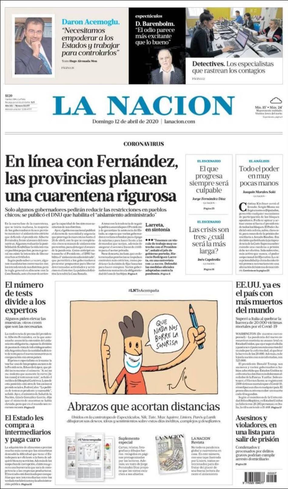 Tapa de diarios, La nación, domingo 12 de abril de 2020|