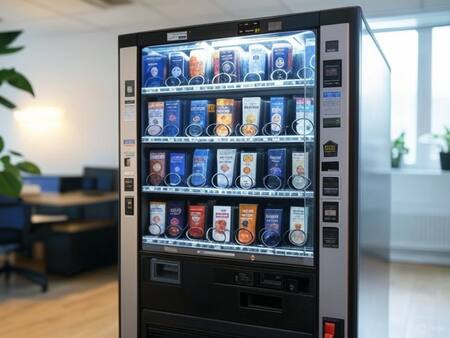 Café; máquina expendedora de café. Foto: Grok.