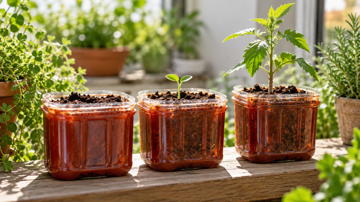 Pequeñas plantas en tres envases de plástico reutilizados como semillero, con tierra y otras plantas alrededor.