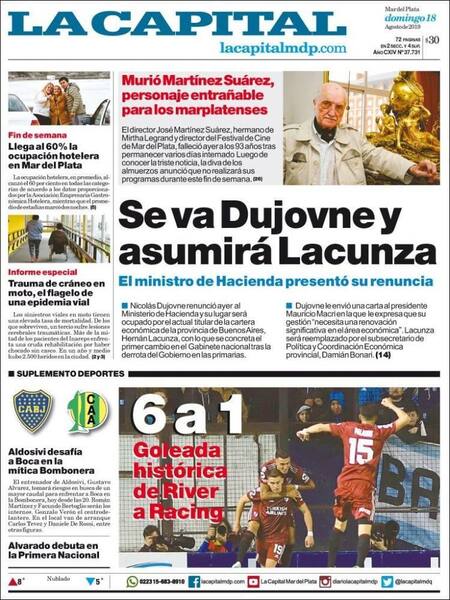 Tapas de diarios, La Capital, domingo 18-08-19