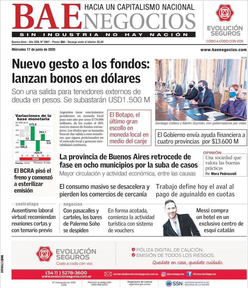 Tapas de diarios, BAE Negocios, miércoles 17 de junio de 2020
