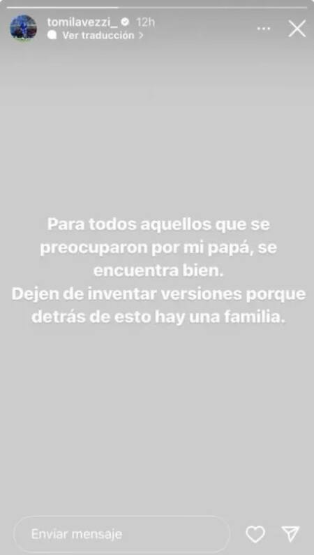 El posteo del hijo de Ezequiel Lavezzi sobre el estado de salud de su padre. Foto: @tomilavezzi_