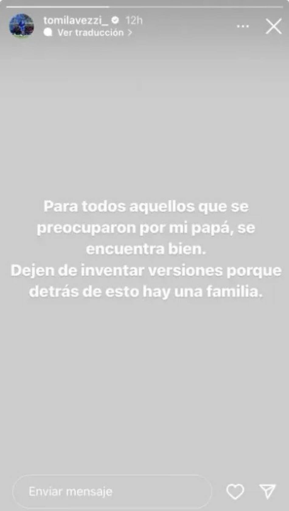 El posteo del hijo de Ezequiel Lavezzi sobre el estado de salud de su padre. Foto: @tomilavezzi_