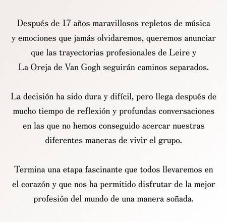 El comunicado que La Oreja de Van Gogh publicó en sus redes . Foto: @laorejadevangogh