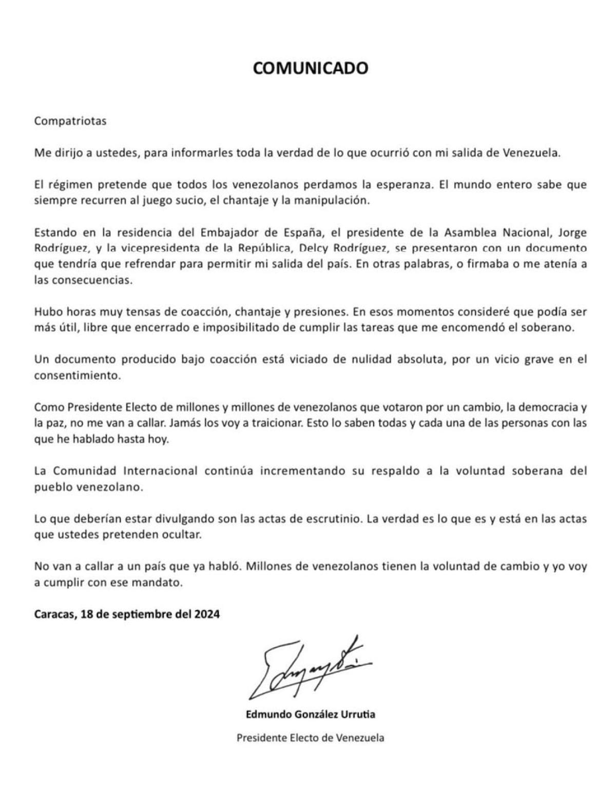 El comunicado oficial de Edmundo González Urrutia. Foto: X.