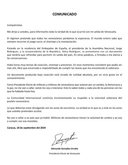 El comunicado oficial de Edmundo González Urrutia. Foto: X.