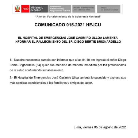 Comunicado del hospital Casimiro Ulloa por la muerte de Diego Bertie. Foto: Ministerio de Salud.