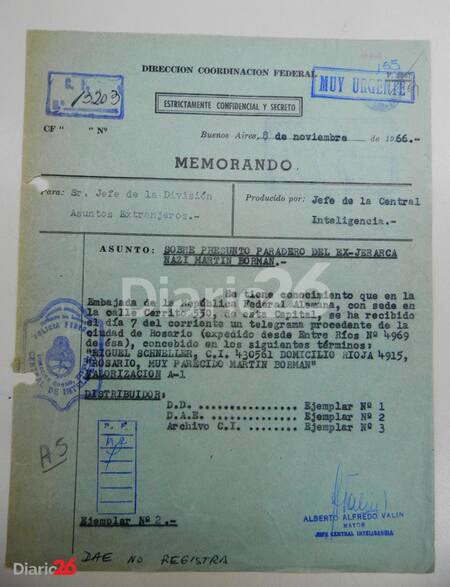 Memorando de la Dirección Coordinación Federal por posible ubicación de Martin Bormann o un hombre muy parecido en la provincia de Entre Ríos. 8 de noviembre de 1966