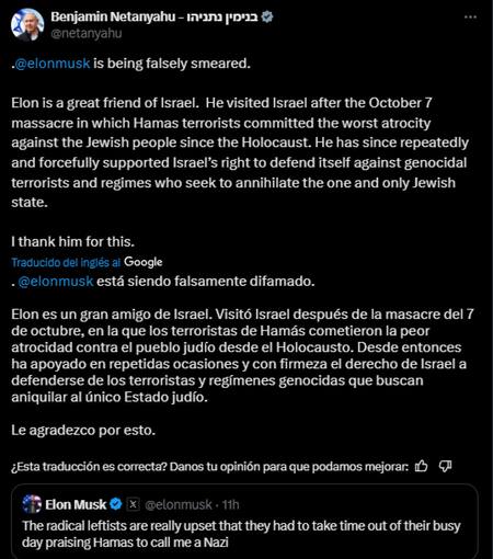 El mensaje de Benjamin Netanyahu sobre la polémica con Elon Musk. Foto: Captura X.