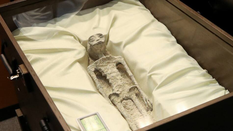 Una de las dos muestras de cuerpos de supuestos de seres no humanos presentados en México. Foto: Reuters.