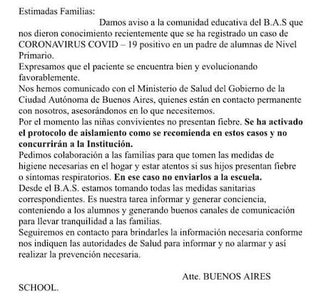 Comunicado de colegio de Villa del Parque