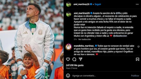 El descargo del Dibu Martínez tras la sanción que recibió. Foto: Instagram.
