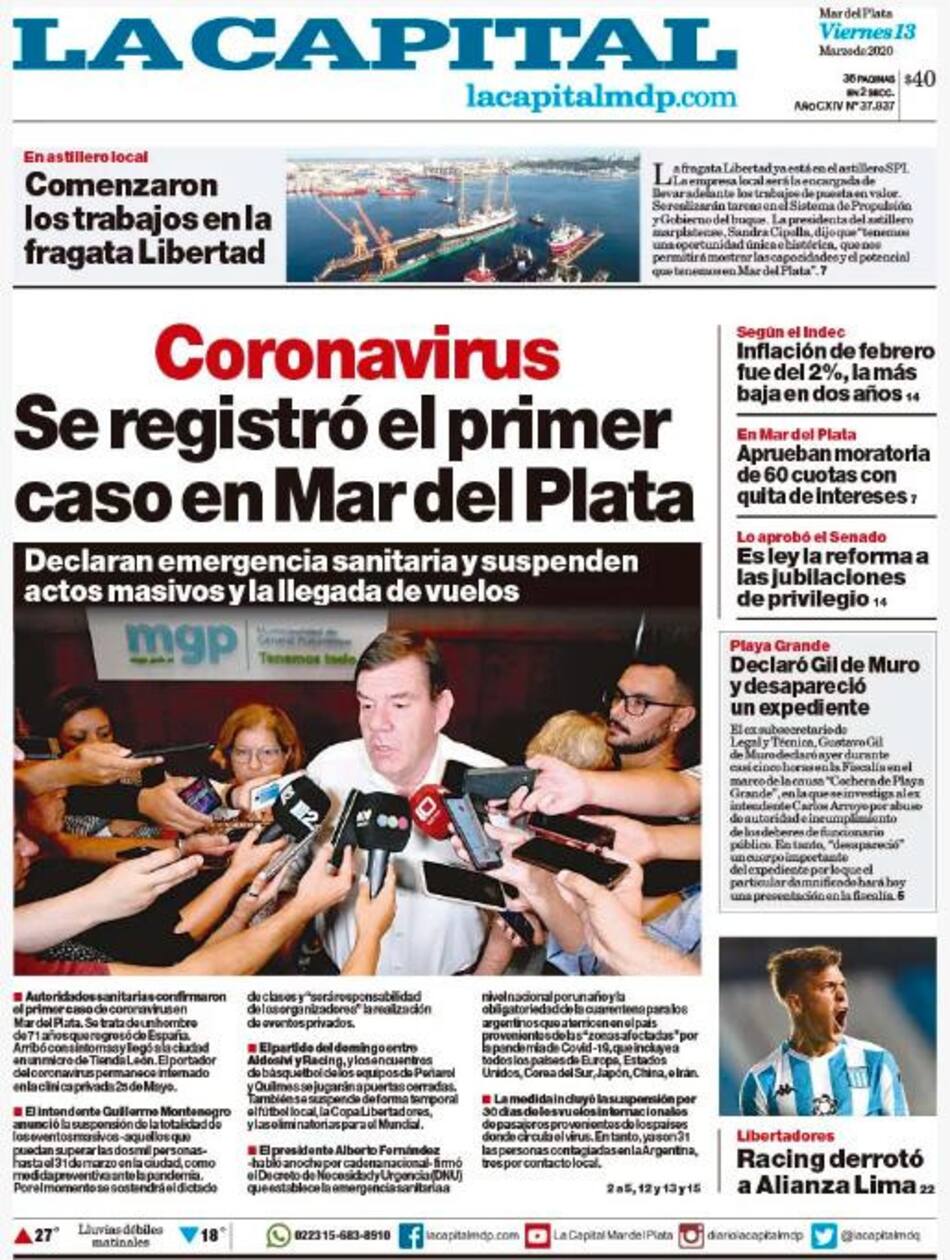 Tapas de diarios, La Capital de Mar del Plata, viernes 13 de marzo de 2020