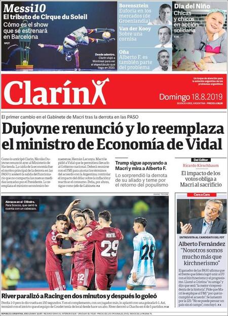 Tapas de diarios, Clarín, domingo 18-08-19
