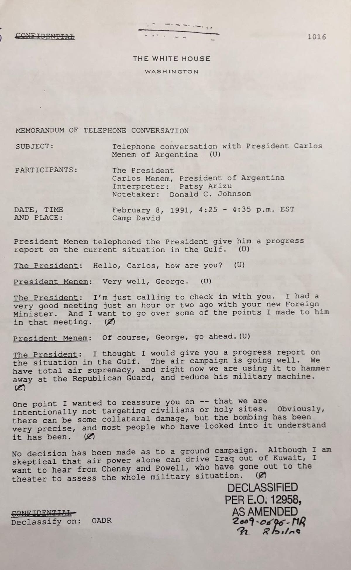 Desgrabación de la conversación telefónica entre Bush y Menem analizando la operación “Tormenta del Desierto” (archivo de la Casa Blanca y Biblioteca Bush)