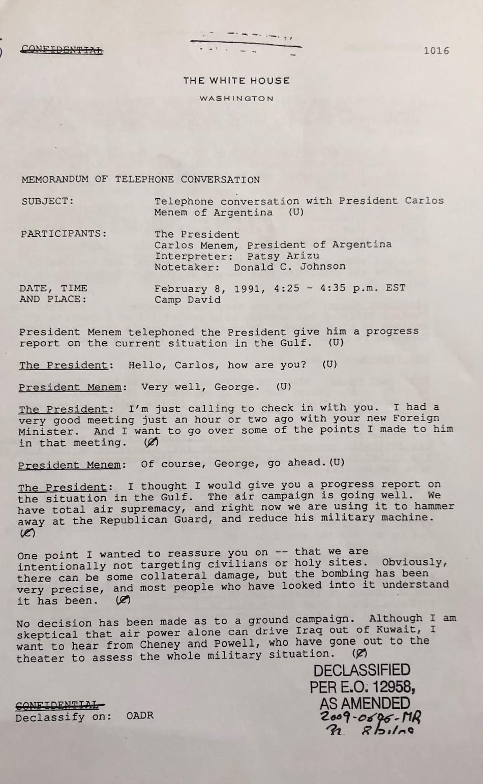 Desgrabación de la conversación telefónica entre Bush y Menem analizando la operación “Tormenta del Desierto” (archivo de la Casa Blanca y Biblioteca Bush)