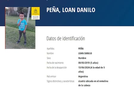 El informe de Interpol sobre la desaparición de Loan Danilo Peña. Foto: NA.