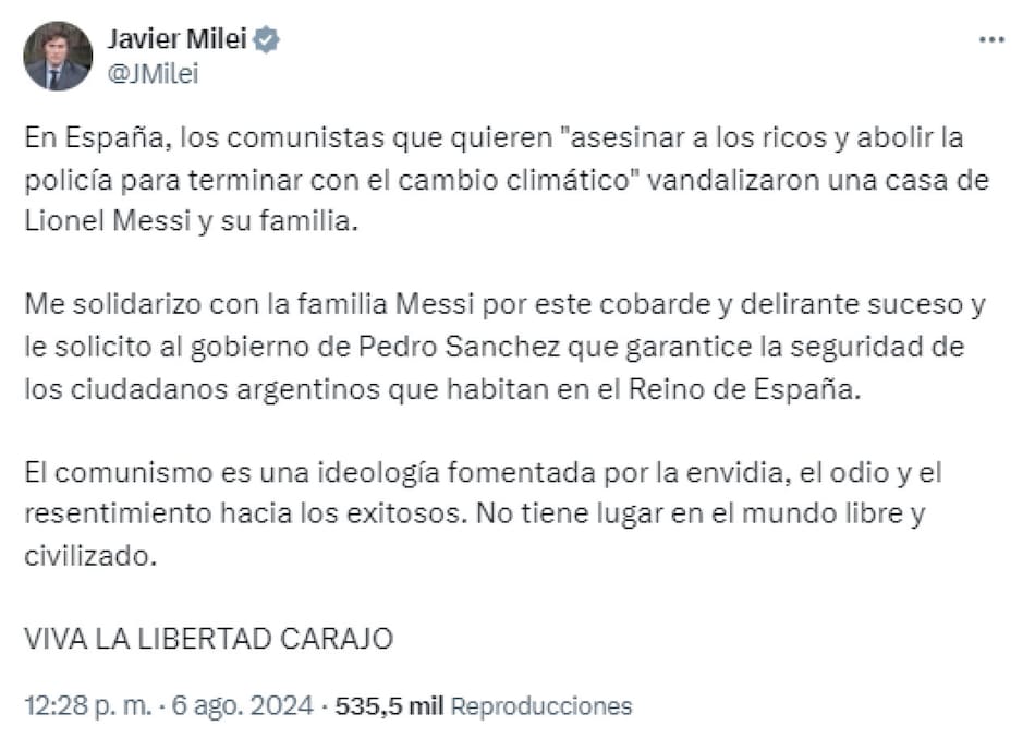 Javier Milei se expresó tras la vandalización a la propiedad de Messi en Ibiza. Foto: Twitter.