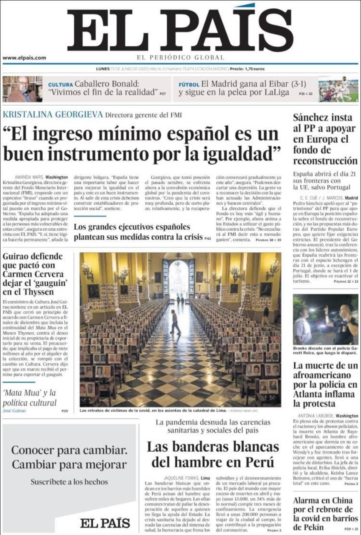 Tapas de diarios, El País, lunes 15 de junio de 2020