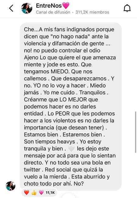 El mensaje de Lali a sus fans. Foto: captura canal de difusión de Lali.