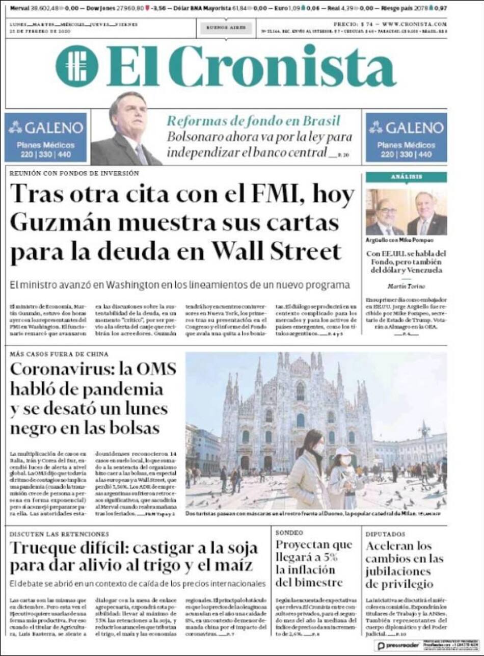 Tapa diarios, El Cronista, martes 25 de febrero de 2020|