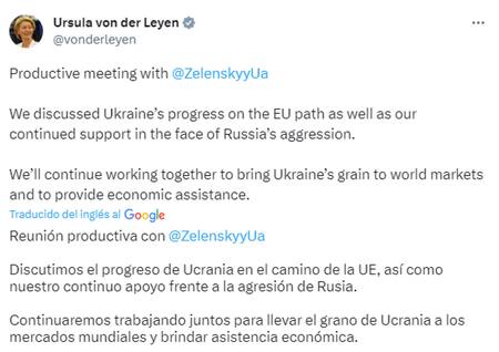 Mensaje de Ursula Von der Leyen. Fuente: Twitter.