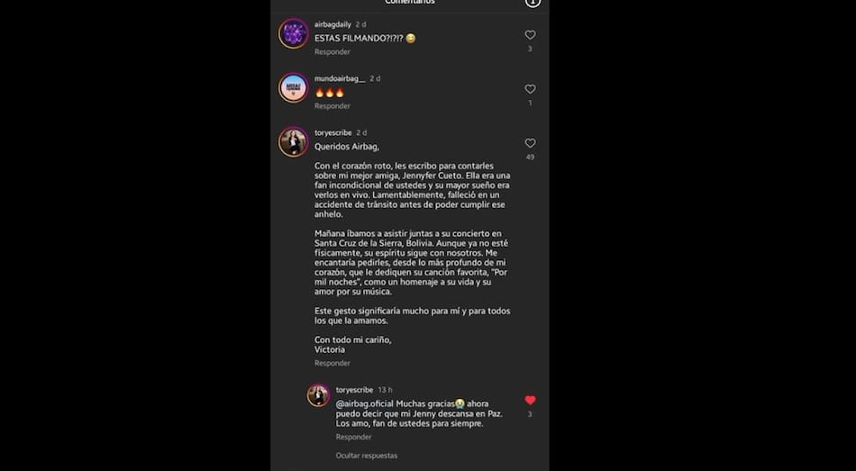 El pedido de la amiga fallecida a la banda en Instagram