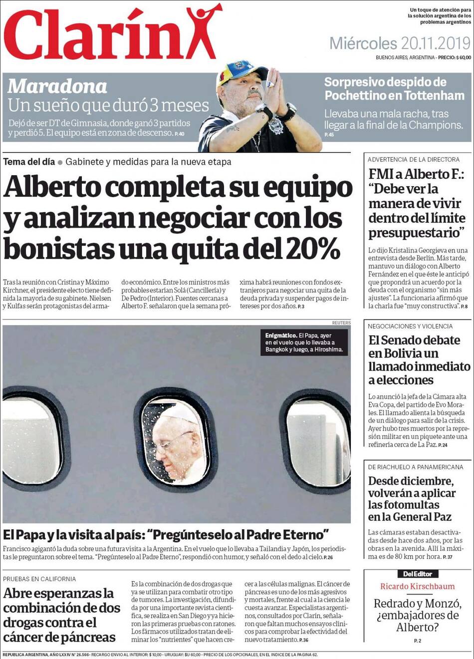 Tapas de diarios, Clarin, miércoles 20-11-19