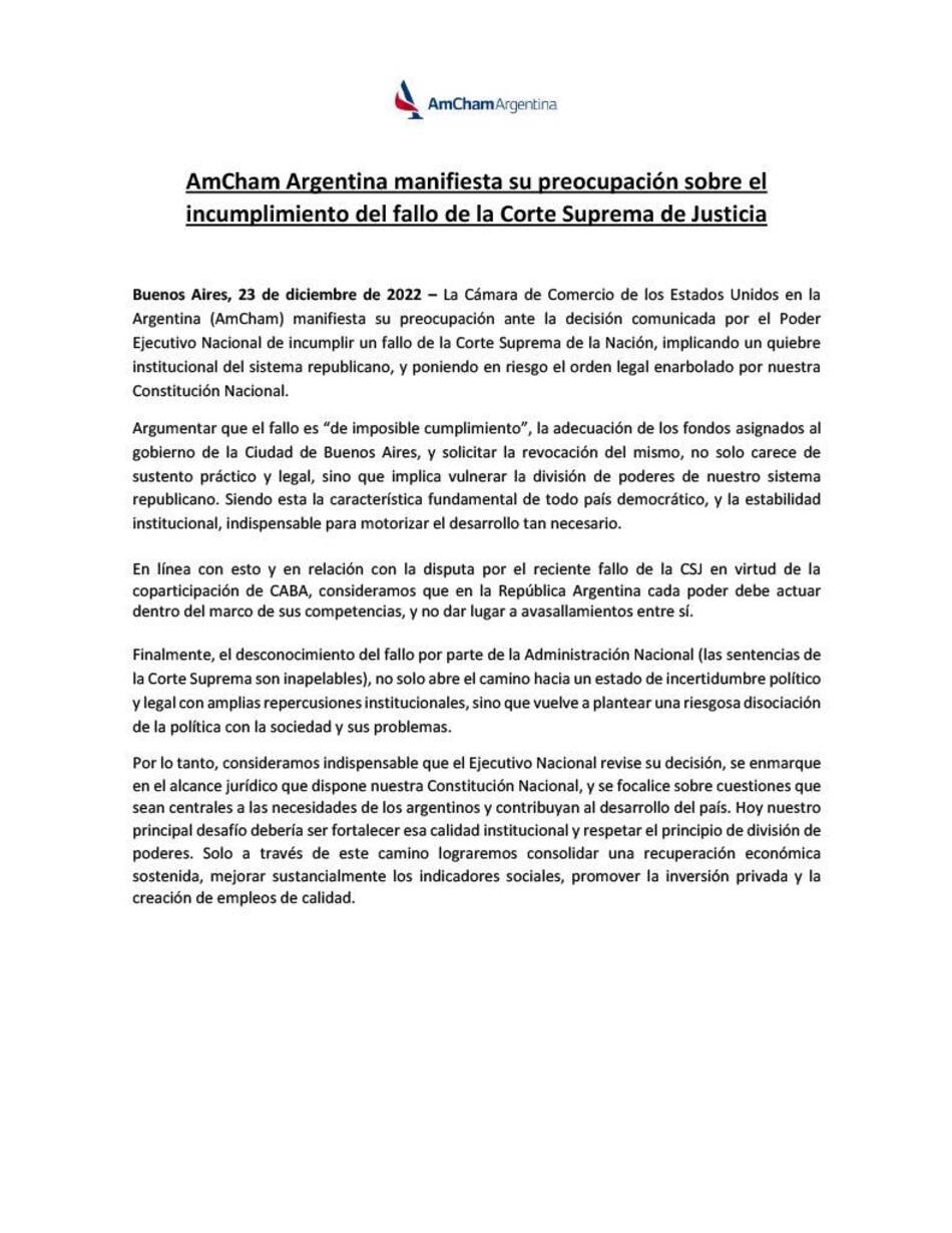Comunicado de la Amcham por la decisión del Gobierno tras fallo de la Corte. Foto: AMCHAM.