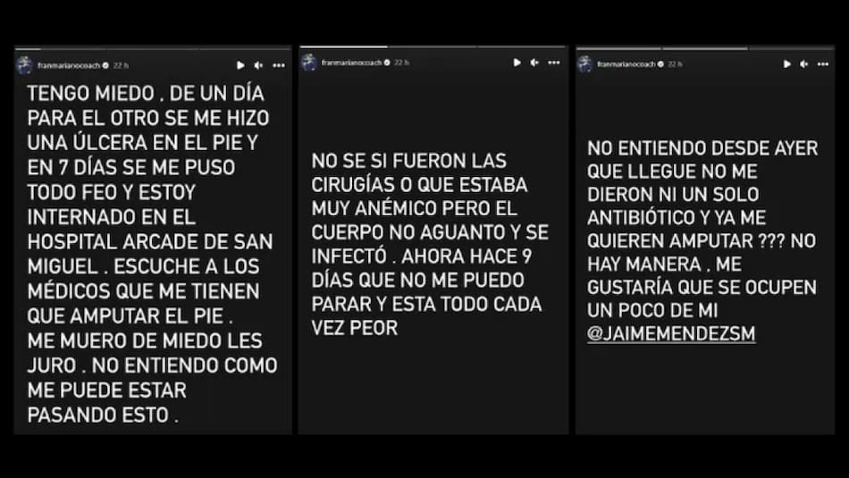 Mensajes de Fran Mariano ante sus problemas de salud. Foto: NA.