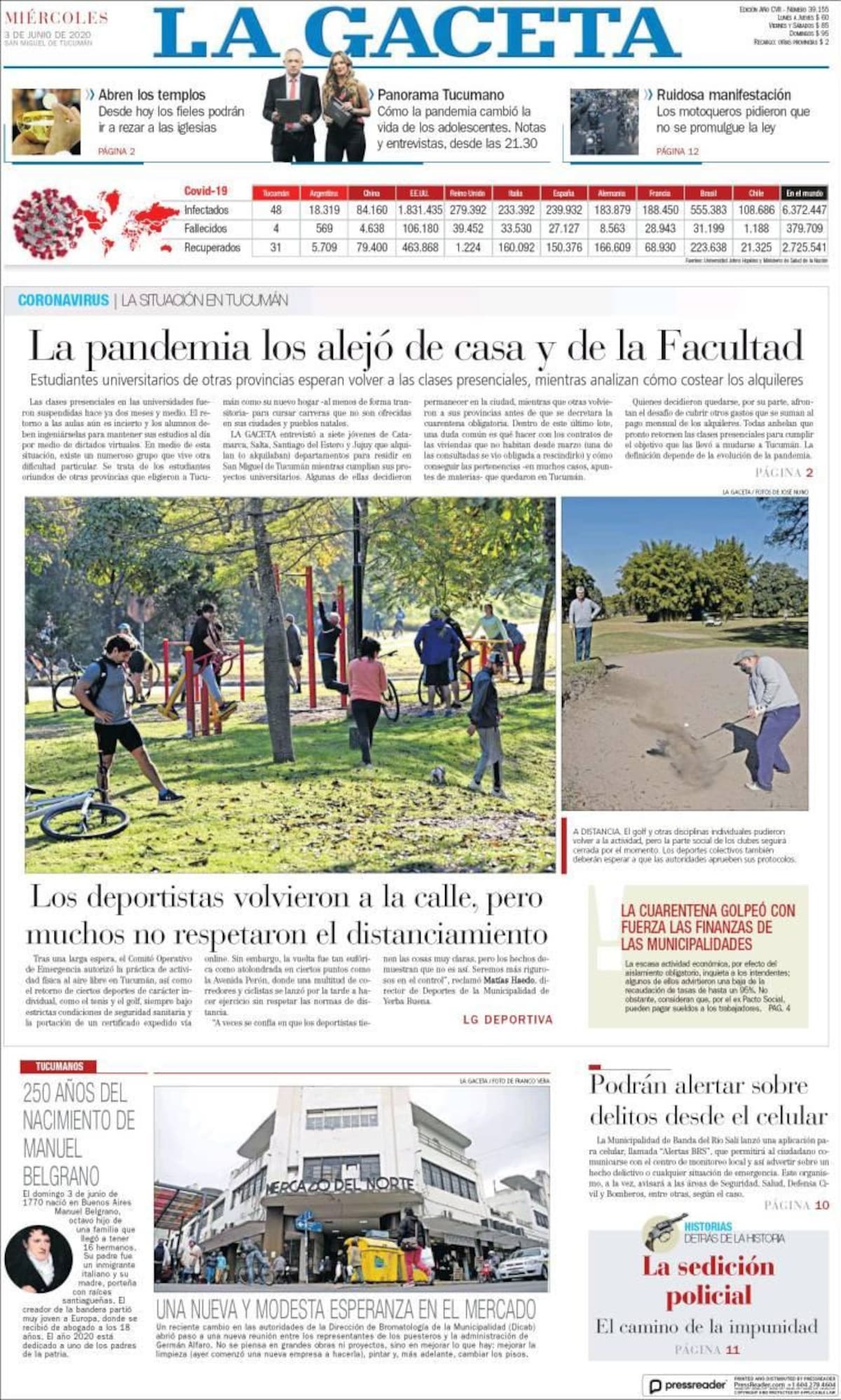 Tapas de diarios, La gaceta, miercoles 3 de junio de 2020