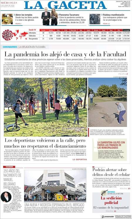 Tapas de diarios, La gaceta, miercoles 3 de junio de 2020