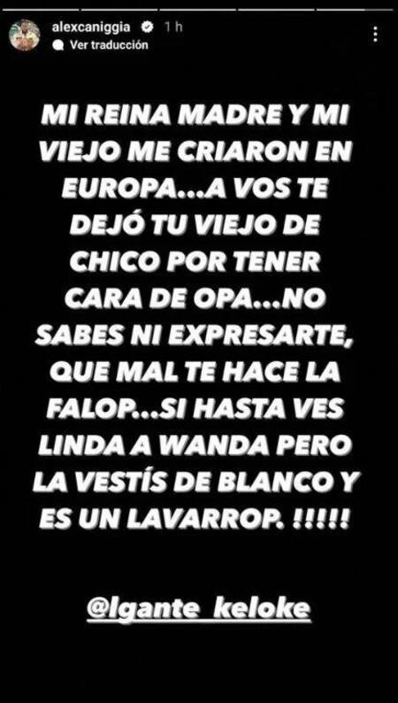 Historia de Alex Caniggia contra L-Gante. Foto: Instagram