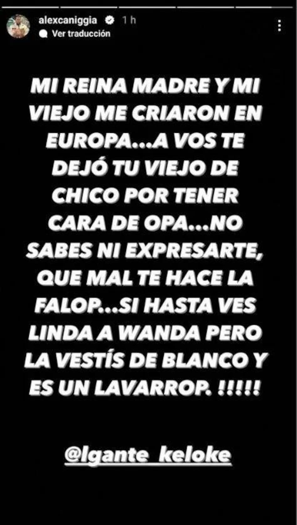 Historia de Alex Caniggia contra L-Gante. Foto: Instagram