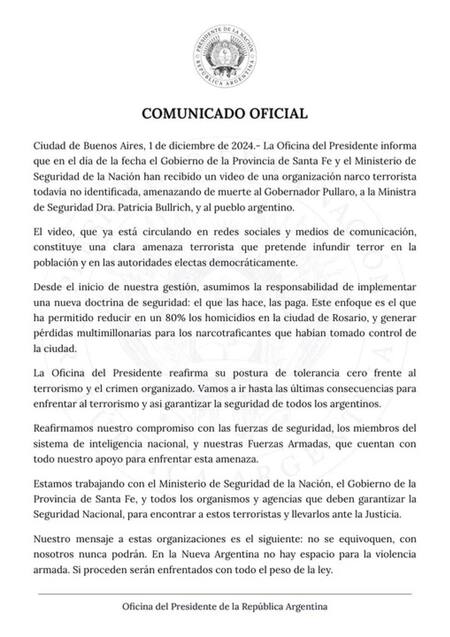 Comunicado oficial tras las amenazas a Patricia Bullrich y Maximiliano Pullaro.